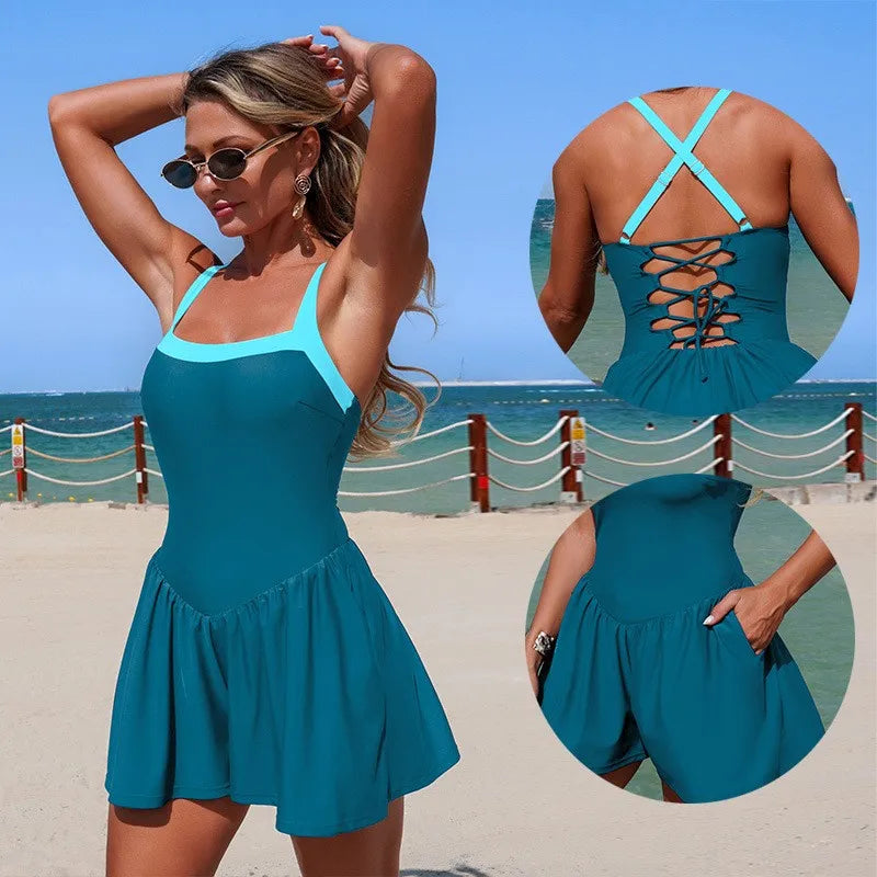 Woman 2026 Tummy Control Modest Swimwear Sleeveless One-Piece Swimsuit Solid Color High Stretch Skirted Hem Cross Back Wide