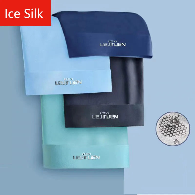 4pcs Boxer Shorts Men's Ice Silk Underwear Male Underpants Breathable Sexy Thin Panties U Convex Lingerie Wholesale Lots L-6XL