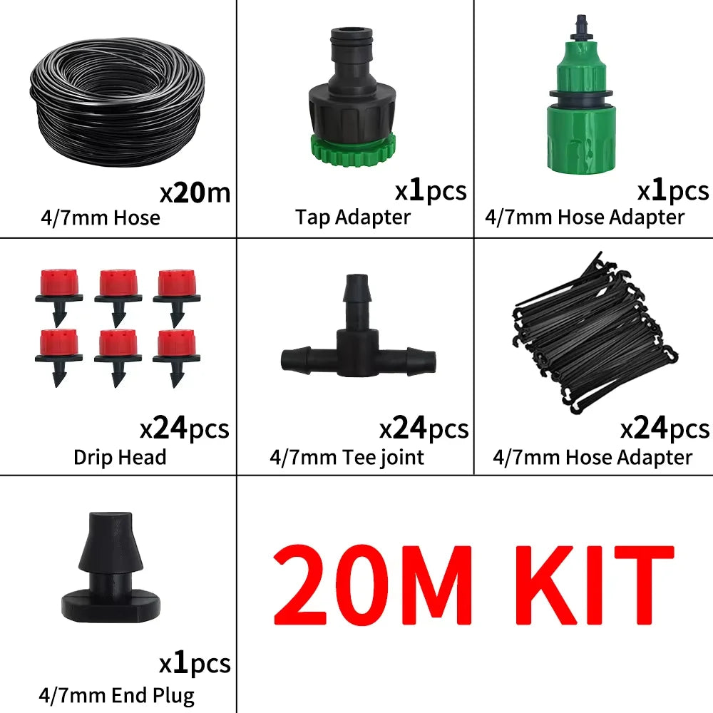 Micro Drip Irrigation System Portable 20M Automatic Watering with Adjustable Drippers Misting Watering Kits Garden Hose