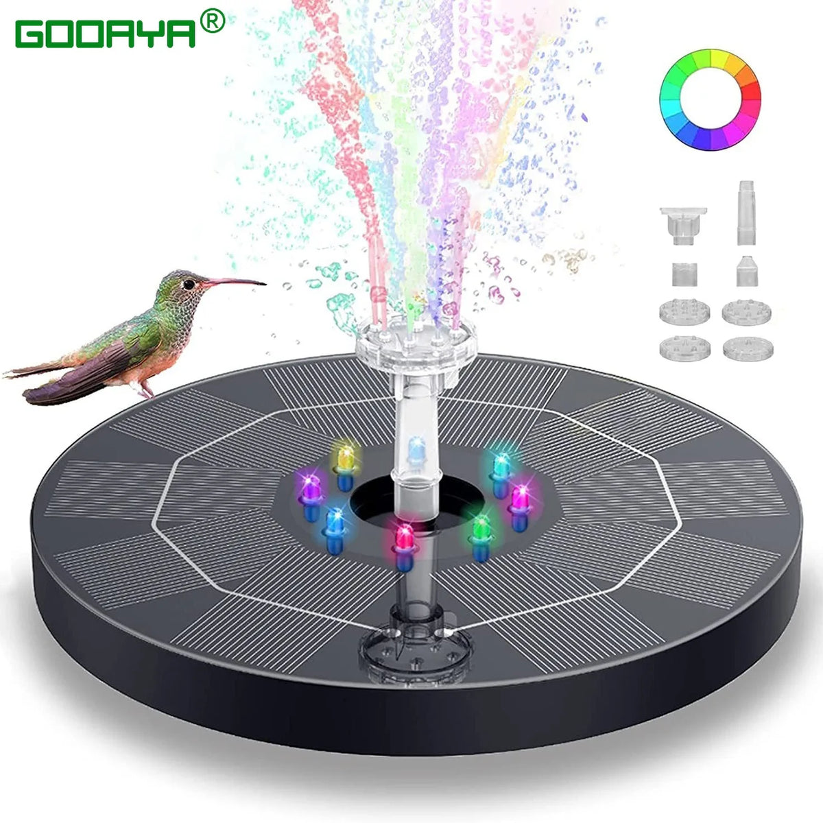 3.5W Fountain Light 7 Colors LED Solar Fountain Light Rotating Fountain with 6 Nozzle Water Pump Outdoor Bird Bath Garden Decor