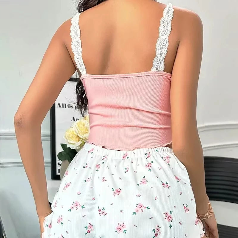 2Pcs Women Pajama Set Pink Lace Patchwork V-Neck Sleepwear