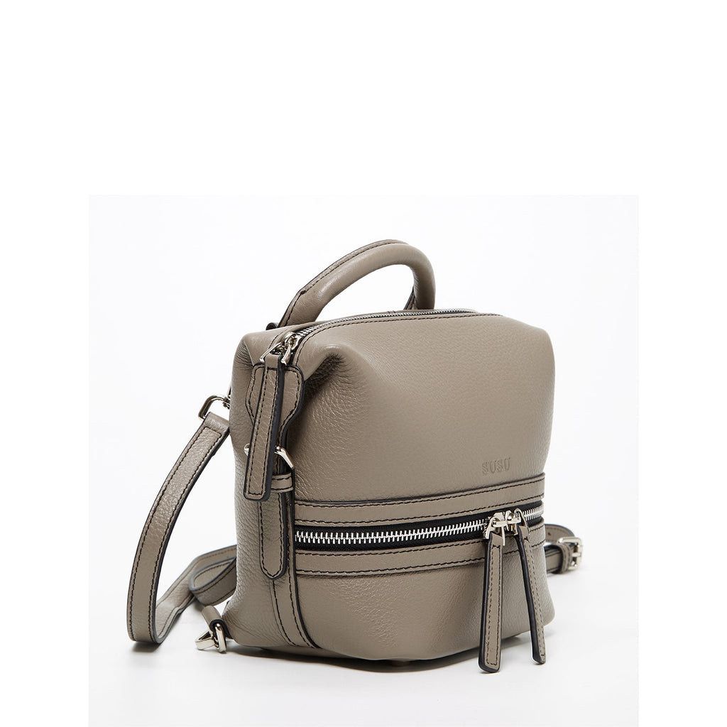 Gray Leather Backpack Purse for Women Convertible Crossbody Bag Medium Size with Front and Back Pockets