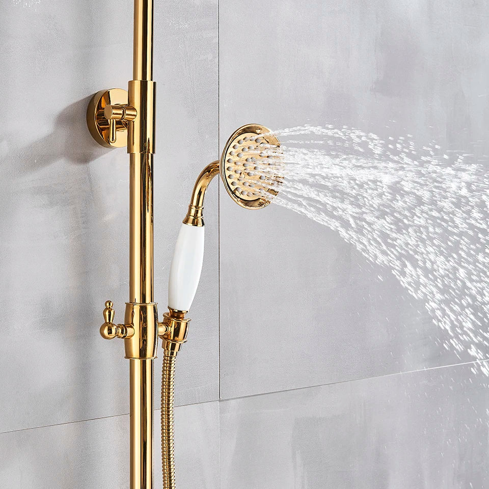 Gold Shower Faucet Bath Shower Mixer Tap 8' Rainfall Gold Shower Head Bath Shower Set W/ Hand Shower Bathtub Faucet Wall Mounted