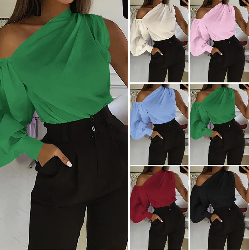 GX20910 Fashion Solid Color Asymmetric One Long Sleeve Blouse Irregular Ladies Top Casual Unique Shirts Women