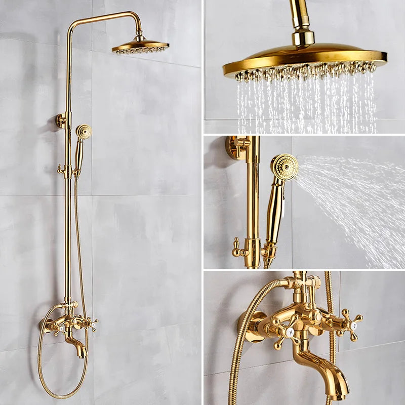 Gold Shower Faucet Bath Shower Mixer Tap 8' Rainfall Gold Shower Head Bath Shower Set W/ Hand Shower Bathtub Faucet Wall Mounted