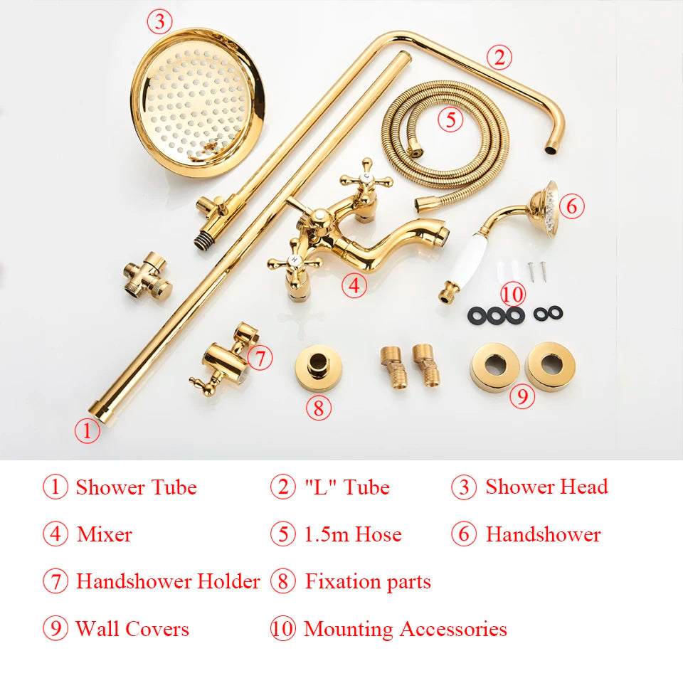 Gold Shower Faucet Bath Shower Mixer Tap 8' Rainfall Gold Shower Head Bath Shower Set W/ Hand Shower Bathtub Faucet Wall Mounted