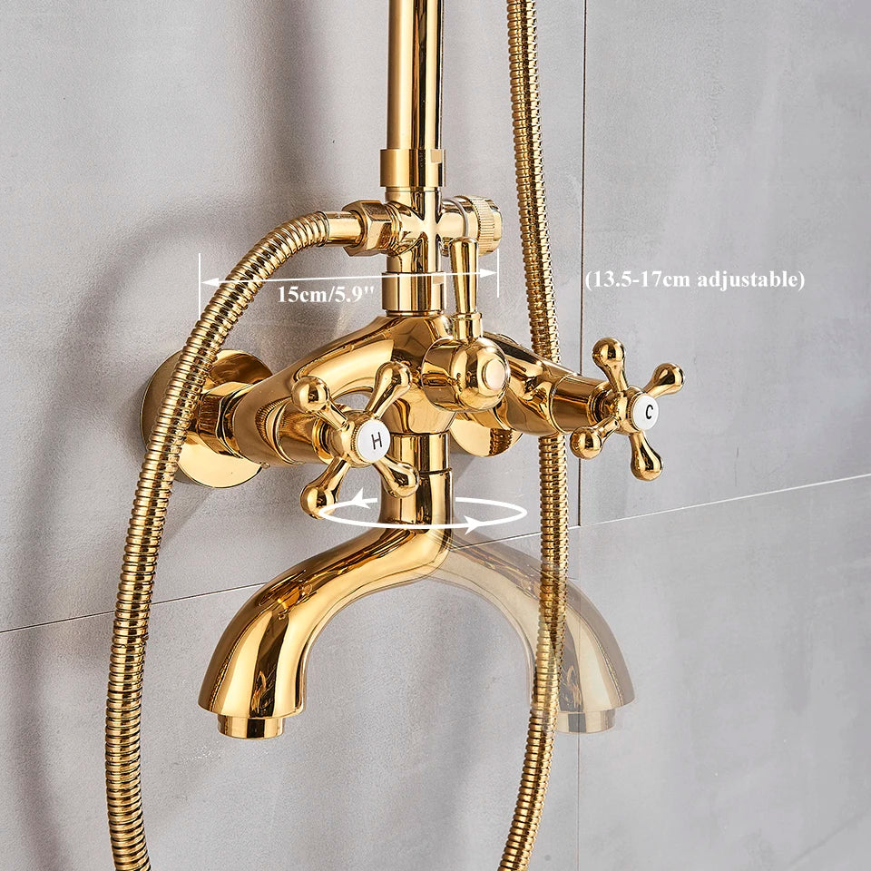 Gold Shower Faucet Bath Shower Mixer Tap 8' Rainfall Gold Shower Head Bath Shower Set W/ Hand Shower Bathtub Faucet Wall Mounted