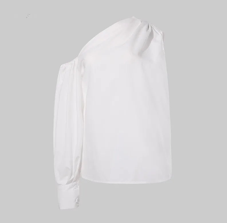 GX20910 Fashion Solid Color Asymmetric One Long Sleeve Blouse Irregular Ladies Top Casual Unique Shirts Women