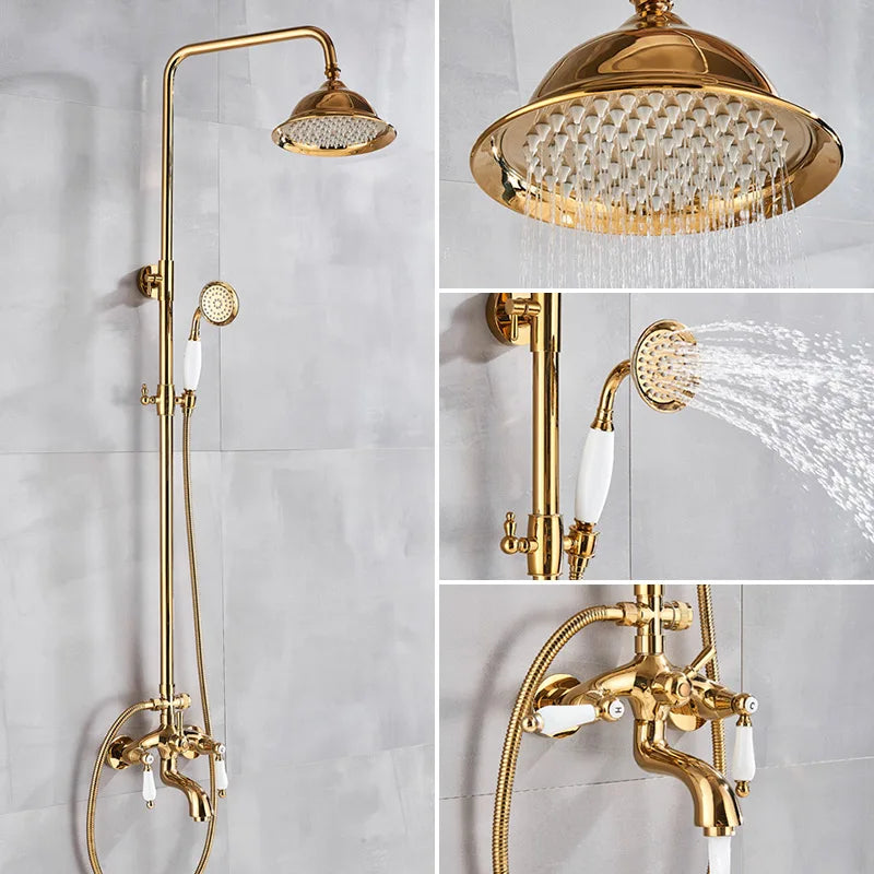 Gold Shower Faucet Bath Shower Mixer Tap 8' Rainfall Gold Shower Head Bath Shower Set W/ Hand Shower Bathtub Faucet Wall Mounted