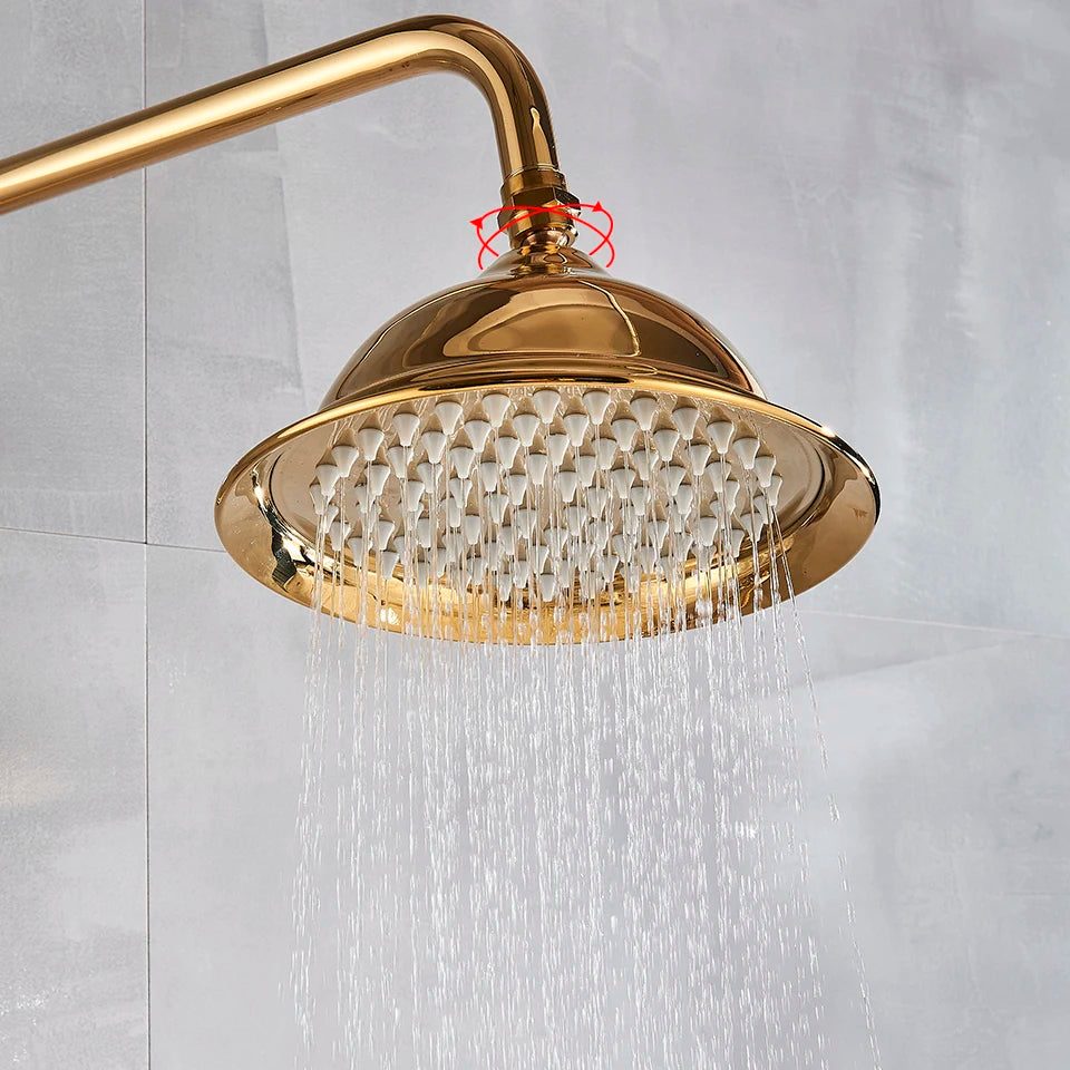 Gold Shower Faucet Bath Shower Mixer Tap 8' Rainfall Gold Shower Head Bath Shower Set W/ Hand Shower Bathtub Faucet Wall Mounted