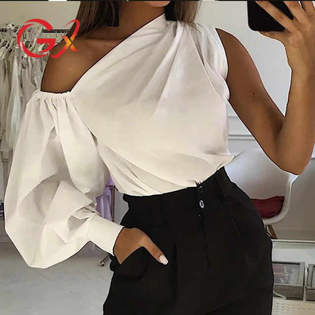 GX20910 Fashion Solid Color Asymmetric One Long Sleeve Blouse Irregular Ladies Top Casual Unique Shirts Women