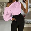GX20910 Fashion Solid Color Asymmetric One Long Sleeve Blouse Irregular Ladies Top Casual Unique Shirts Women