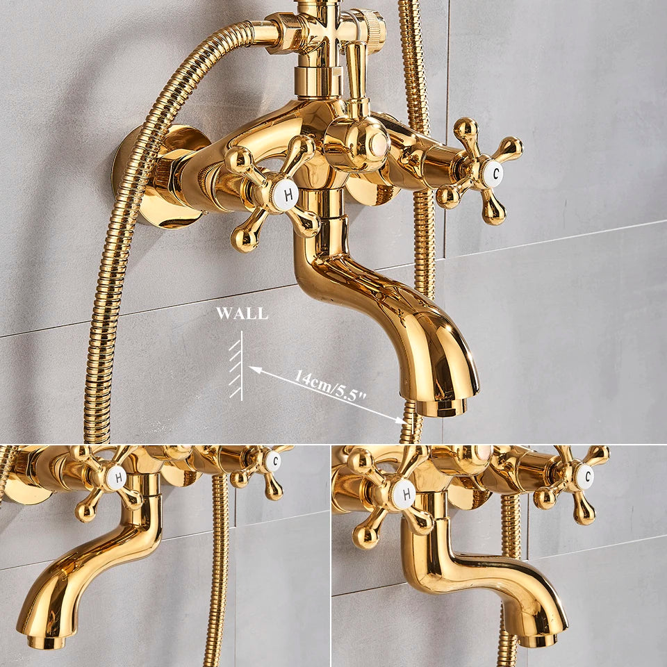 Gold Shower Faucet Bath Shower Mixer Tap 8' Rainfall Gold Shower Head Bath Shower Set W/ Hand Shower Bathtub Faucet Wall Mounted