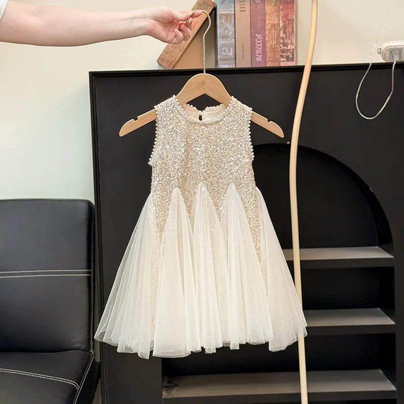 Summer Girls Tulle Dress Princess Sequined Puff Mesh Gown