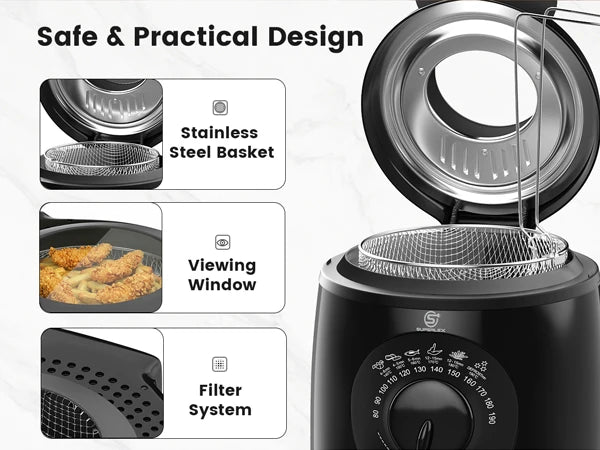SUPERLEX Electric Deep Fryer 1L For Home Temperature Control Visual Window Removable Oil Tank Easy‑Clean