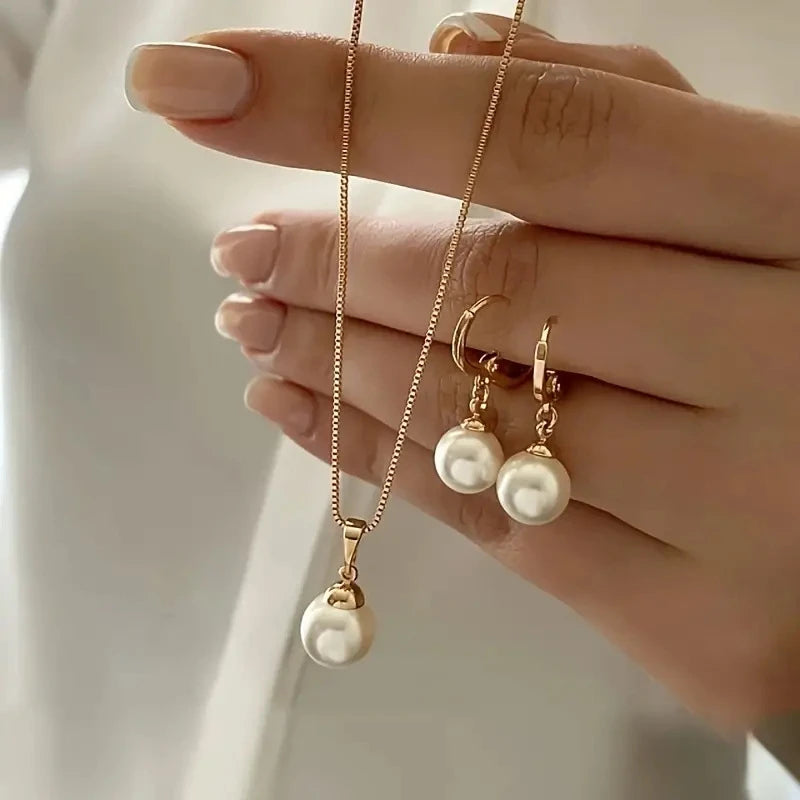 Fashion Elegant Pearl Pendant Jewelry Set for Women Vintage Gold Color Chain Necklace Earring Girl Wedding Party Gifts