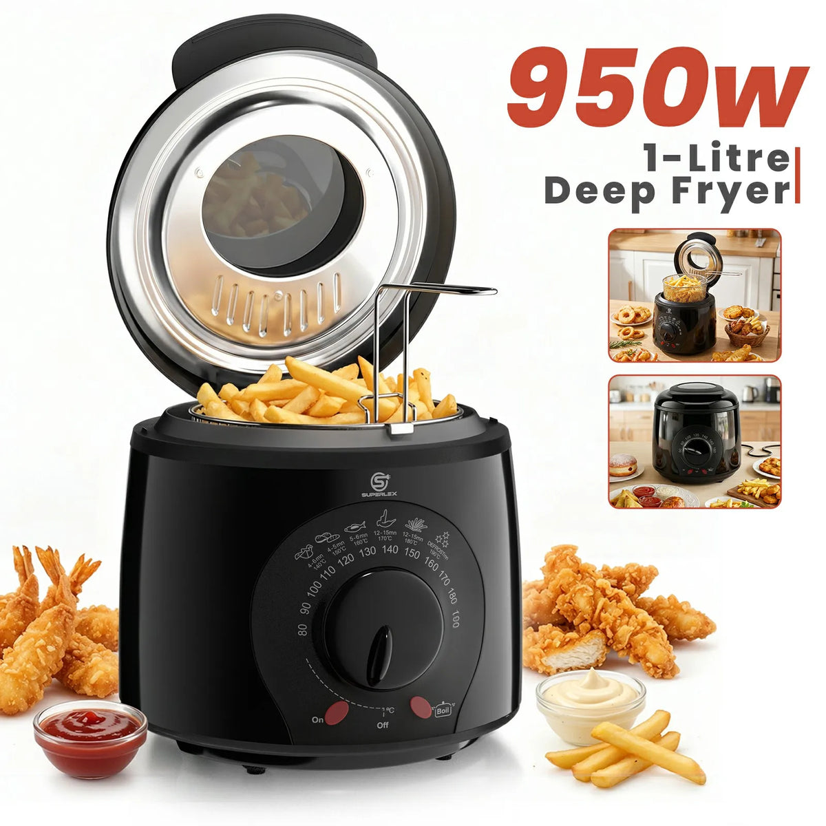 SUPERLEX Electric Deep Fryer 1L For Home Temperature Control Visual Window Removable Oil Tank Easy‑Clean