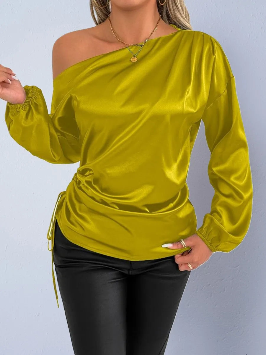 Spring Summer Women's Clothing Satin Asymmetric Slash Neck Long Sleeve Blouse For Woman Slim Fit Polyester Satin Casual Top