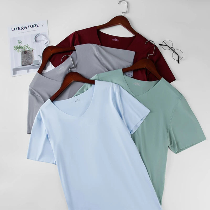 Men V Neck Ice Silk T Shirt- Seamless, Solid Color, Slim, Short Sleeve Summer