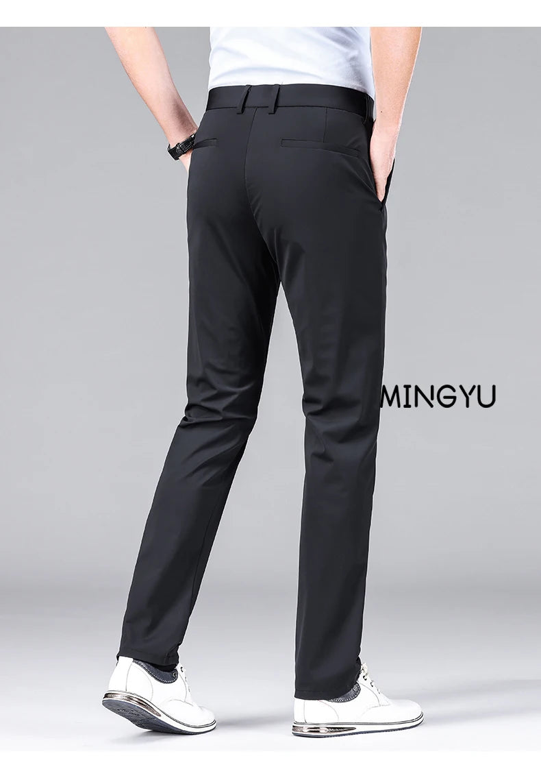 High Stretch Fabric Summer Thin Ice Silk Business Pants Men Elastic Waist Classic Work Office Formal Suit Trousers Plus Size 40