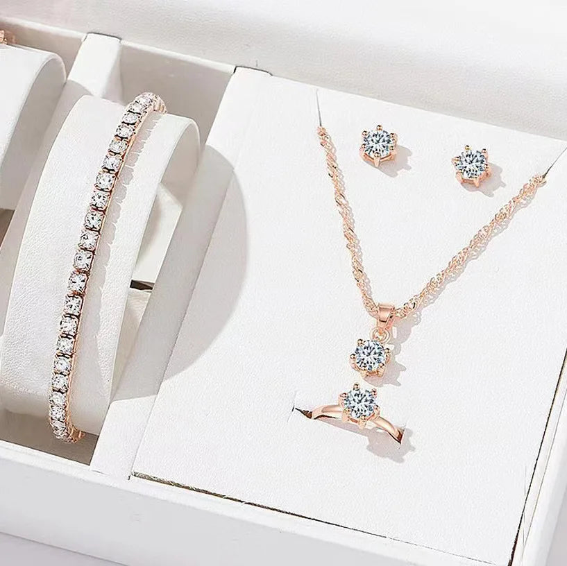 5Pcs Elegant Crystal Jewelry Set Zirconia Ring, Necklace, Bracelet, And Earrings