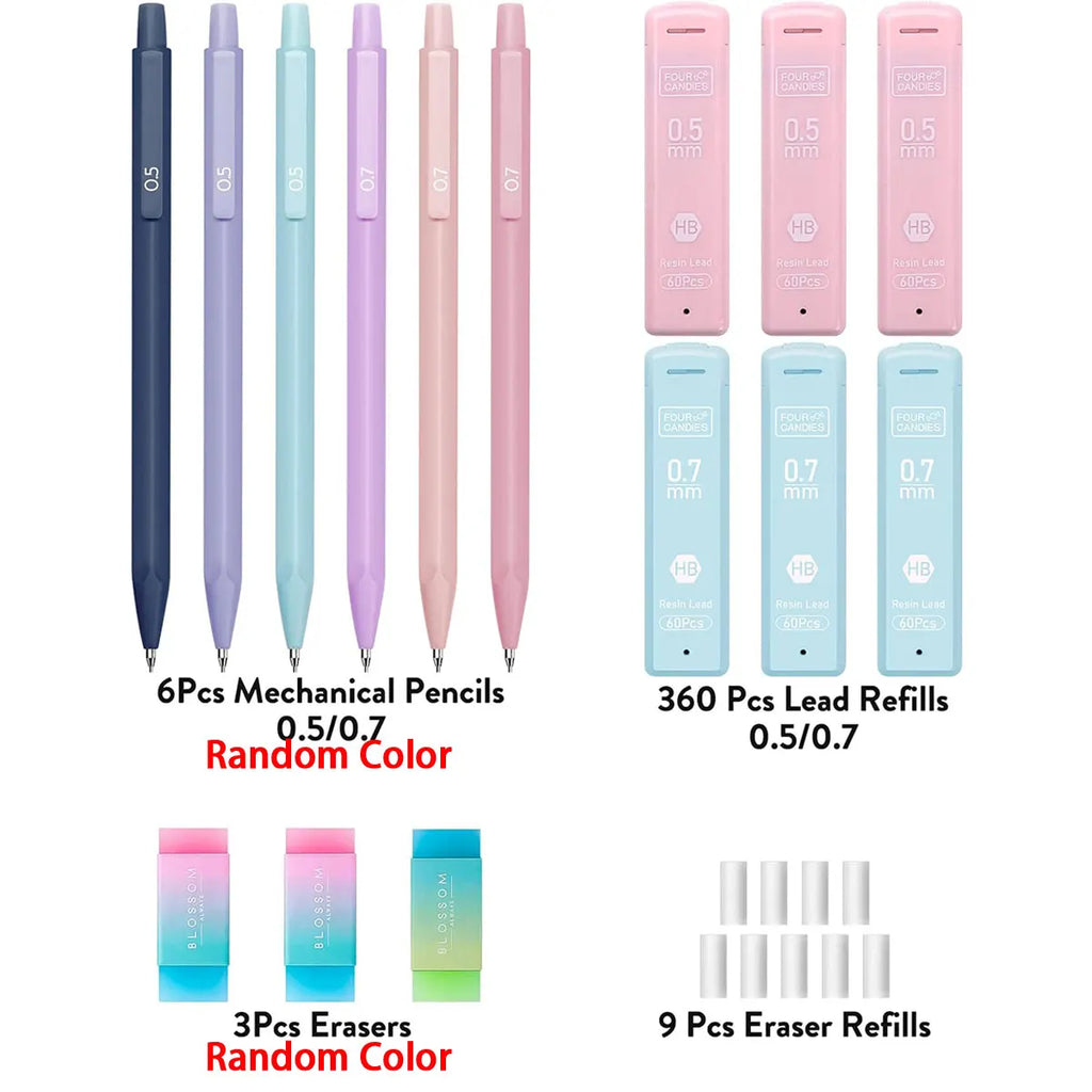 Cute Mechanical Pencil Set 6 Pastel Mechanical Pencils 0.5 0.7mm 120 HB Leads 3 Erasers