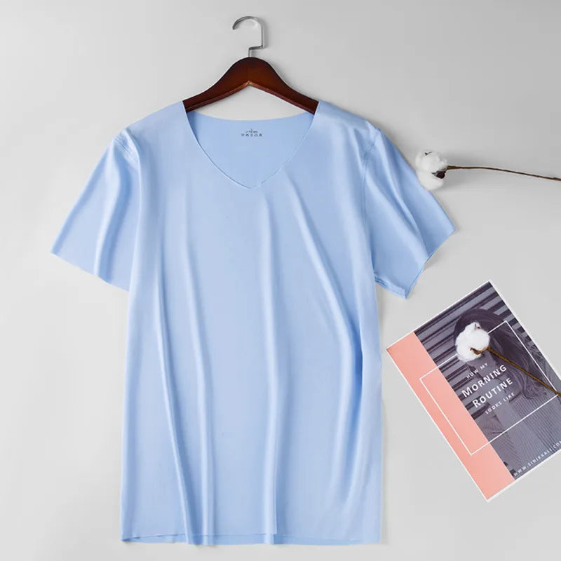 Men V Neck Ice Silk T Shirt- Seamless, Solid Color, Slim, Short Sleeve Summer