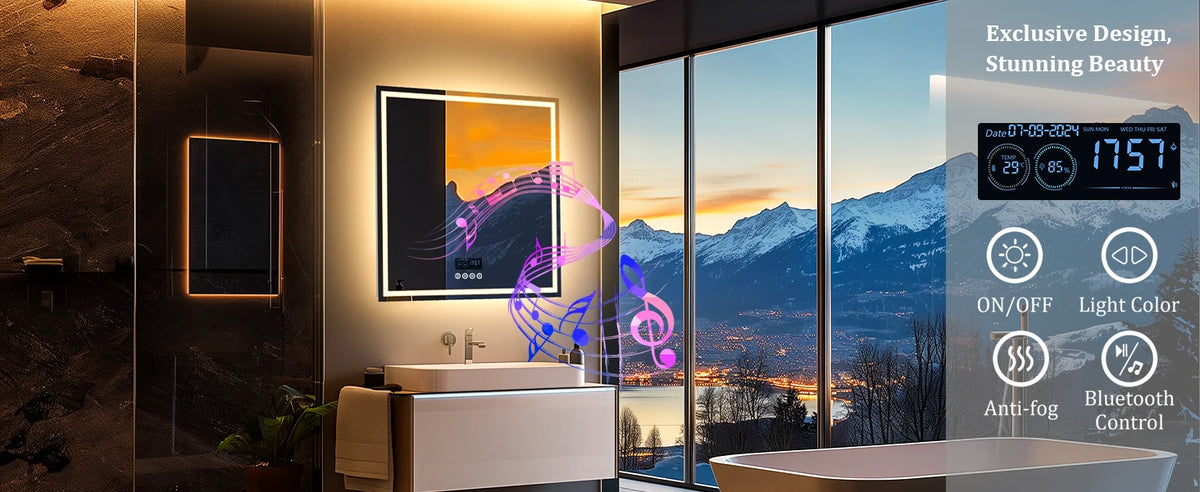 LED Bathroom Mirror 800mm Square Wall Mirror with Bluetooth Time Temperature Display 3 Colours Front+Backlit Anti-fog Memory