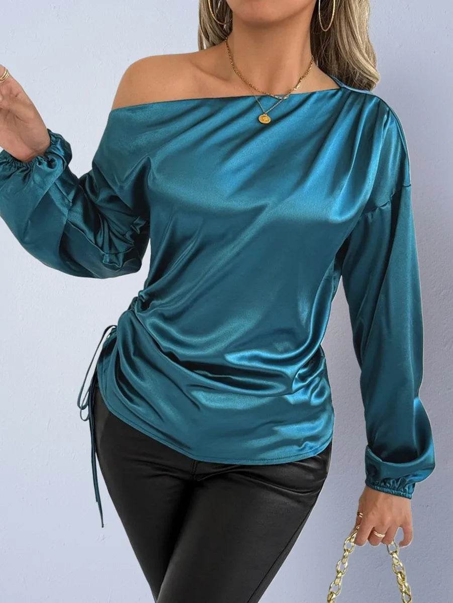 Spring Summer Women's Clothing Satin Asymmetric Slash Neck Long Sleeve Blouse For Woman Slim Fit Polyester Satin Casual Top