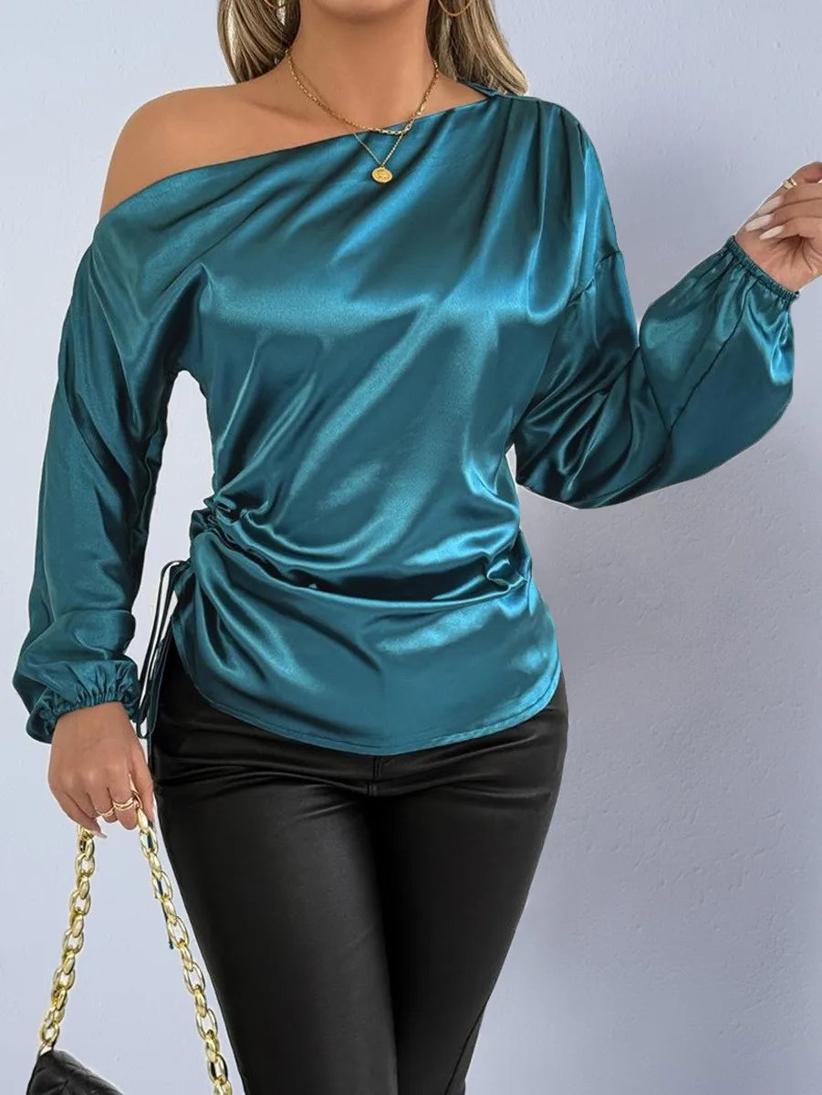 Spring Summer Women's Clothing Satin Asymmetric Slash Neck Long Sleeve Blouse For Woman Slim Fit Polyester Satin Casual Top