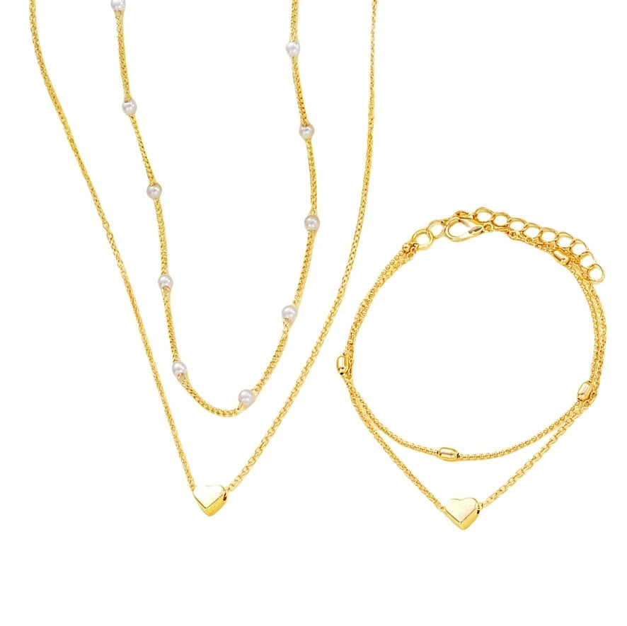 Fashion Pearl Heart Jewelry Set For Women Gold Silver Color Round Beads Necklace Bracelet Set
