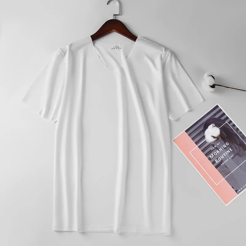 Men V Neck Ice Silk T Shirt- Seamless, Solid Color, Slim, Short Sleeve Summer