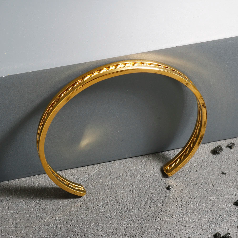 Beads Punk Gold Plated Thick Textured Open Bracelet Bangle for Women and Men