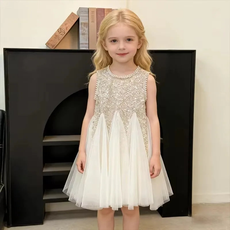 Summer Girls Tulle Dress Princess Sequined Puff Mesh Gown