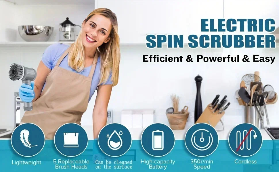 Electric Spin Scrubber-Cordless Cleaning Brush Power Scrubber with 5 Replaceable Brush Heads
