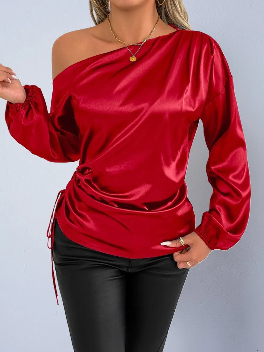 Spring Summer Women's Clothing Satin Asymmetric Slash Neck Long Sleeve Blouse For Woman Slim Fit Polyester Satin Casual Top