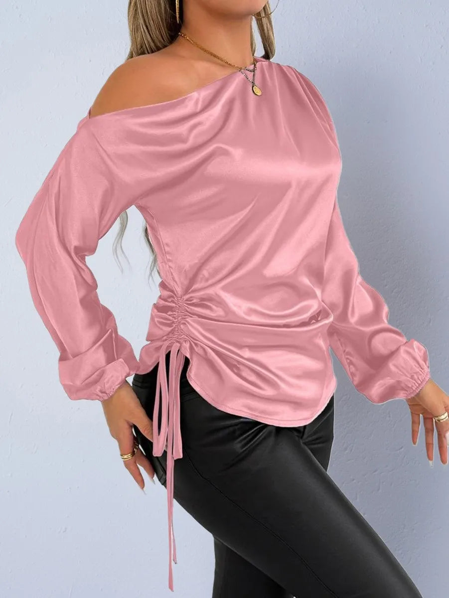 Spring Summer Women's Clothing Satin Asymmetric Slash Neck Long Sleeve Blouse For Woman Slim Fit Polyester Satin Casual Top