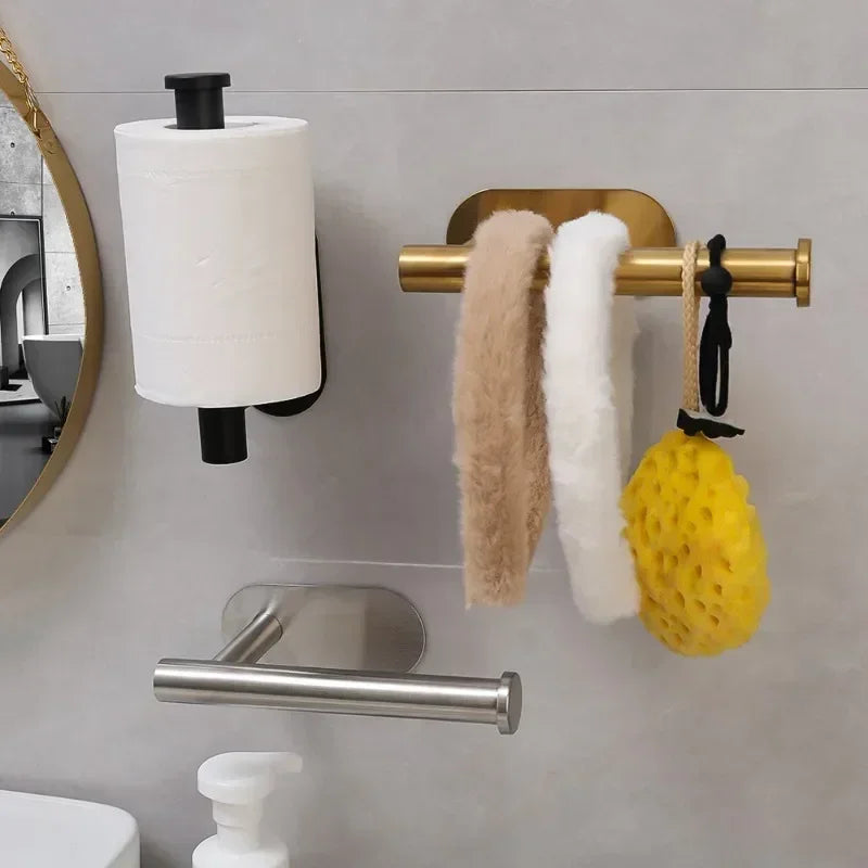 Self Adhesive Toilet Paper Holder Gold Stainless Steel Wall Mount No Punching Tissue Towel Roll Dispenser Bathroom Paper Hooks