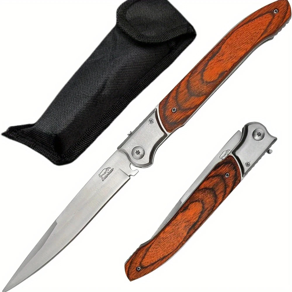 12" Large Folding Pocket Knife, Stainless Steel Blade and Wooden Handle Folding Knife for Outdoor, Camping, and Hunting