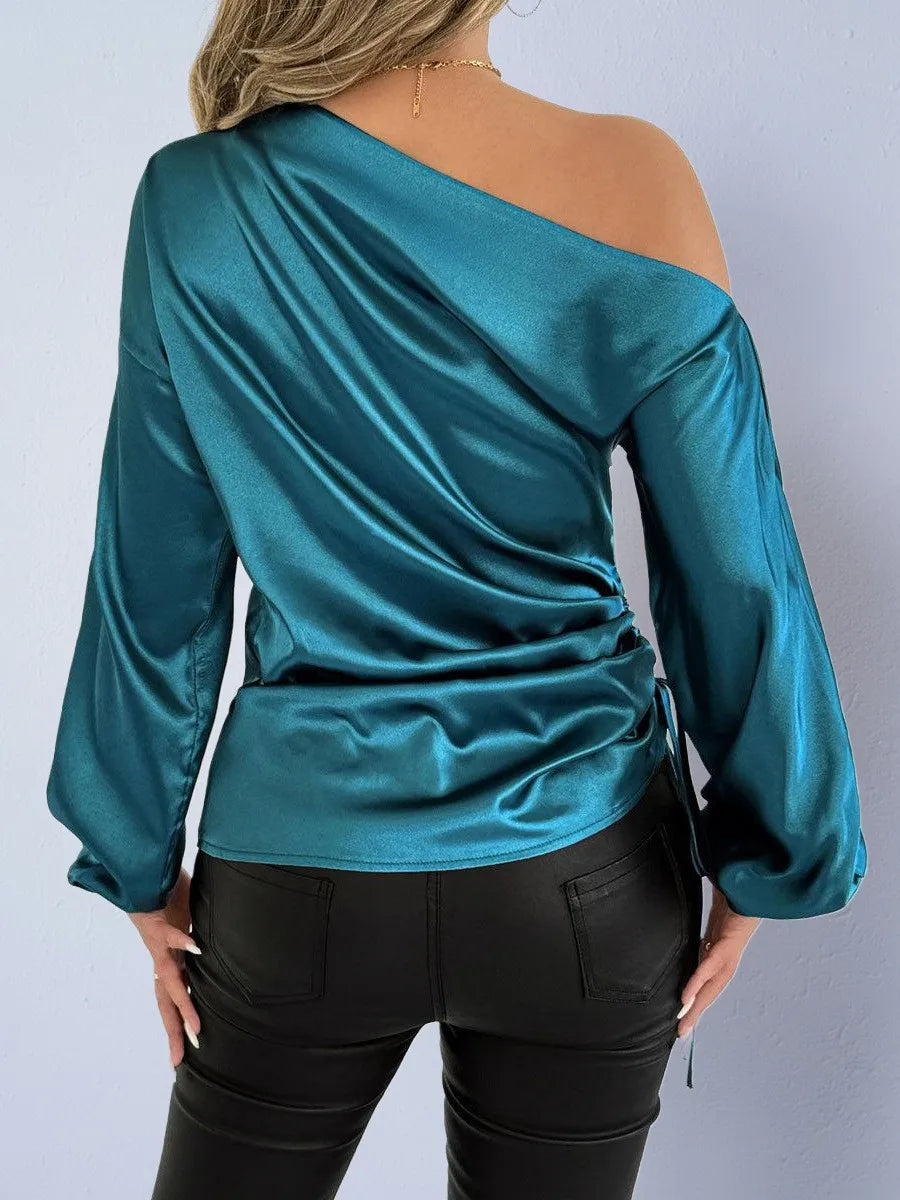 Spring Summer Women's Clothing Satin Asymmetric Slash Neck Long Sleeve Blouse For Woman Slim Fit Polyester Satin Casual Top