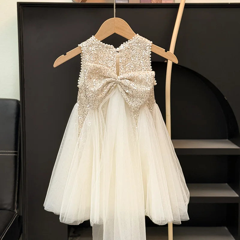 Summer Girls Tulle Dress Princess Sequined Puff Mesh Gown