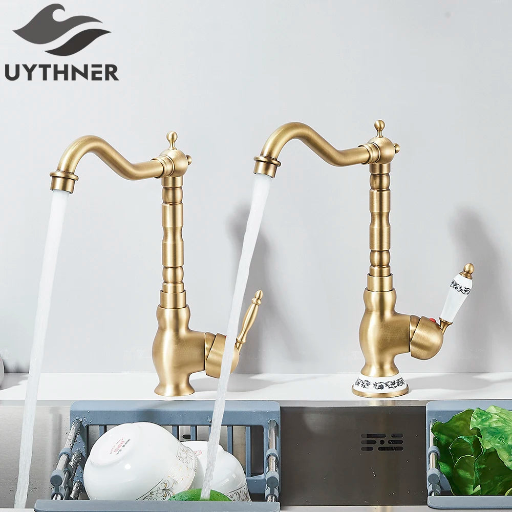 Kitchen Sink Faucets Antique Brass Single Handle Kitchen Basin Faucets Deck Mounted Hot & Cold Water Mixer Basin Sink Taps