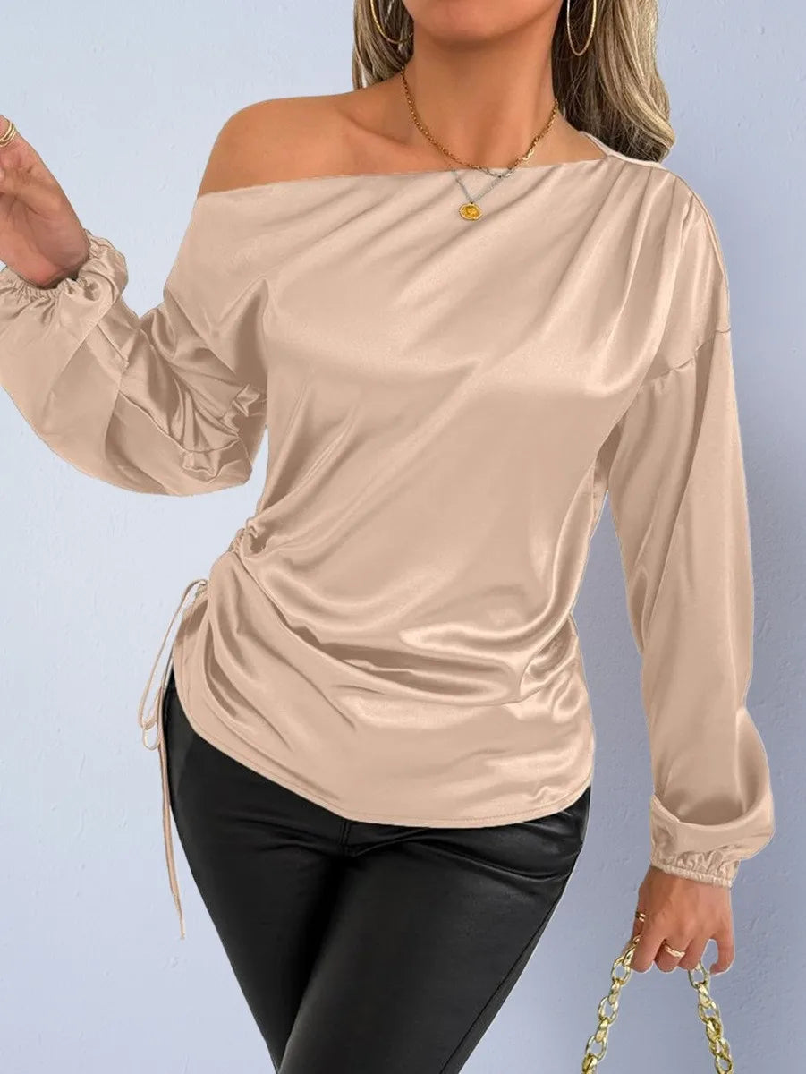 Spring Summer Women's Clothing Satin Asymmetric Slash Neck Long Sleeve Blouse For Woman Slim Fit Polyester Satin Casual Top