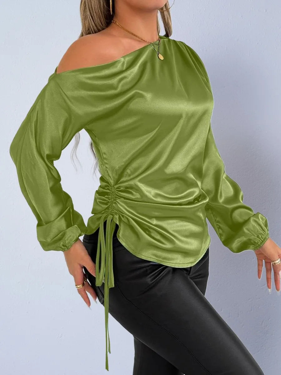 Spring Summer Women's Clothing Satin Asymmetric Slash Neck Long Sleeve Blouse For Woman Slim Fit Polyester Satin Casual Top