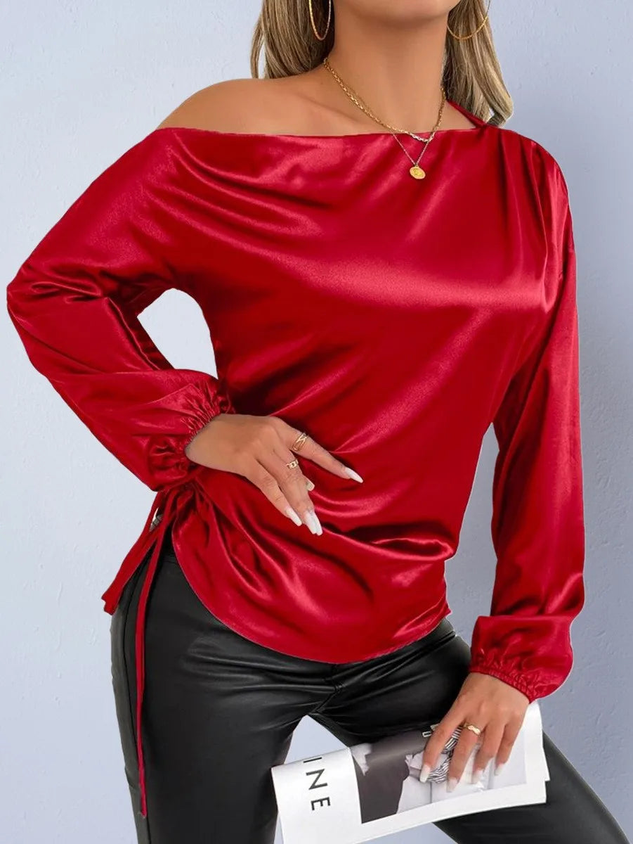 Spring Summer Women's Clothing Satin Asymmetric Slash Neck Long Sleeve Blouse For Woman Slim Fit Polyester Satin Casual Top