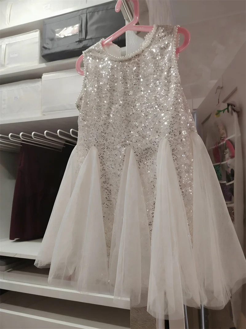 Summer Girls Tulle Dress Princess Sequined Puff Mesh Gown
