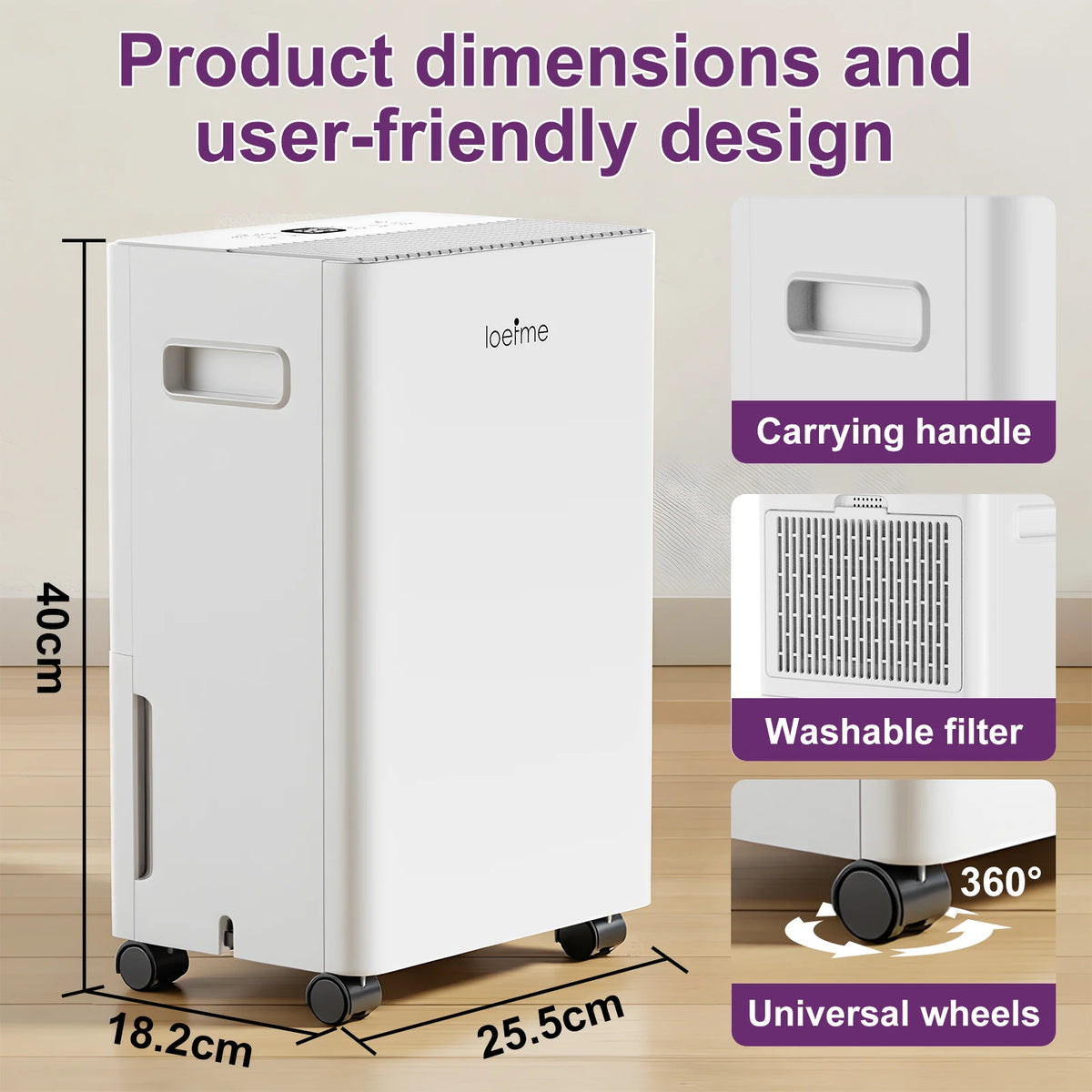 LOEFME 10L Dehumidifier with Auto Humidity Sensor, 24H Timer, 3 Modes for Home, Continuous Drainage Digital Display, Dryer Mode