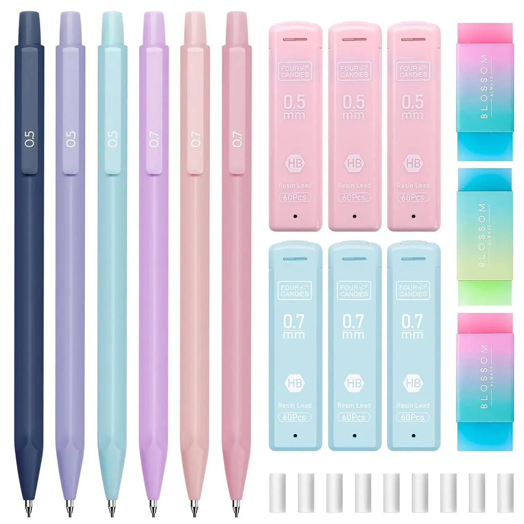 Cute Mechanical Pencil Set 6 Pastel Mechanical Pencils 0.5 0.7mm 120 HB Leads 3 Erasers