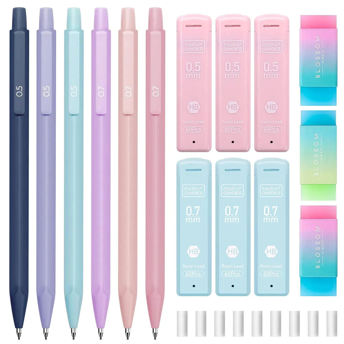 Cute Mechanical Pencil Set 6 Pastel Mechanical Pencils 0.5 0.7mm 120 HB Leads 3 Erasers