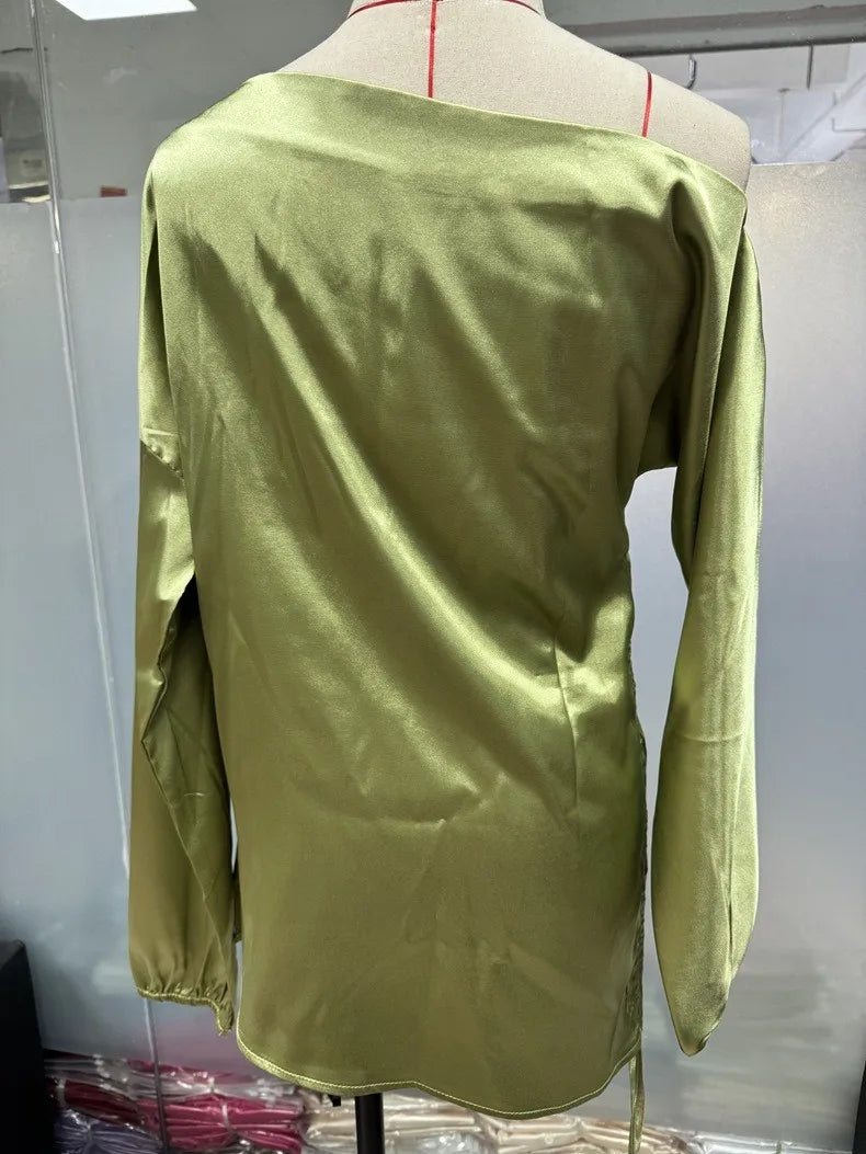 Spring Summer Women's Clothing Satin Asymmetric Slash Neck Long Sleeve Blouse For Woman Slim Fit Polyester Satin Casual Top